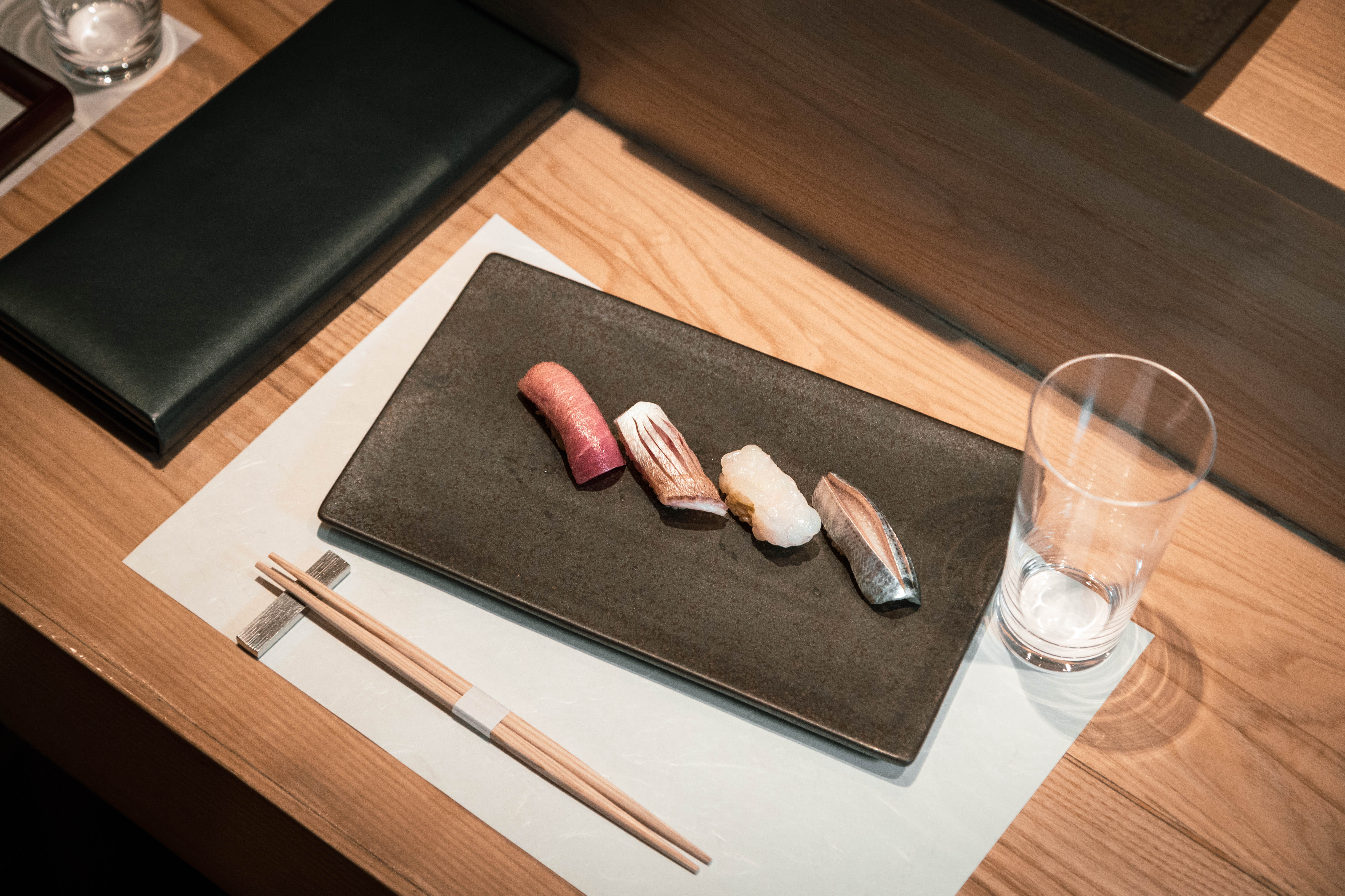 Sushi arranged at the counter